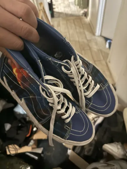 Discover VANS Blue Plaid Lightning Bolt High Top Men's Canvas Sneakers US 10.5