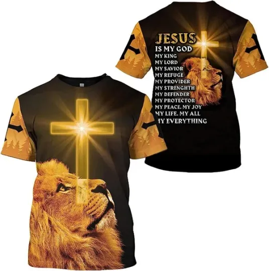 Discover Jesus Is My God My King Lion Cross AOP Shirt 3D T-Shirt Full Size S-5XL