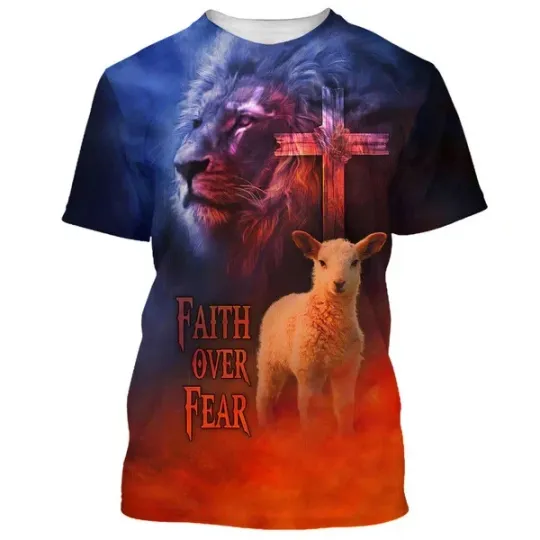 Jesus Faith Over Fear Lion And Sheep Christian 3D T-Shirt