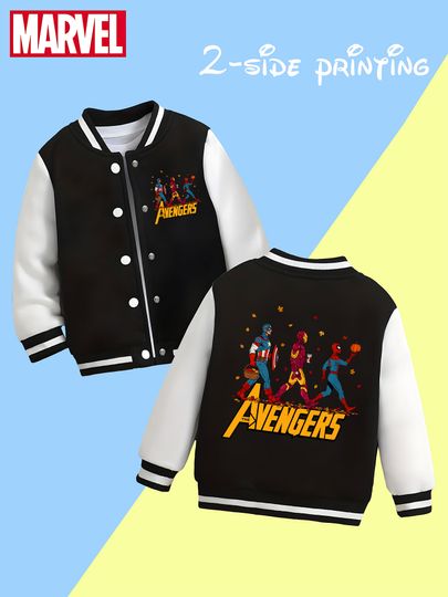 Discover Marvel Avengers Autumn Boys Baseball Jacket - Avengers heroes stroll in autumn, with fallen leaves and pumpkin elements,