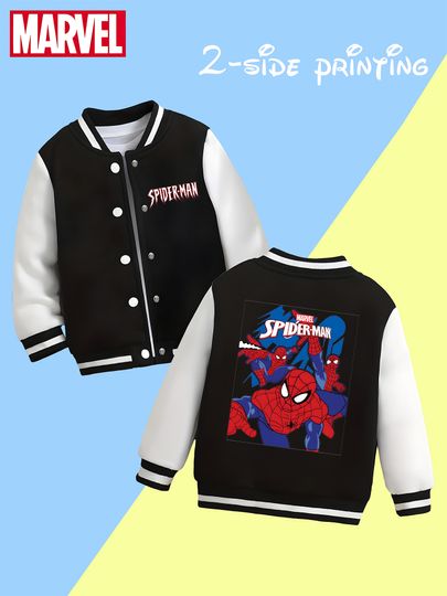 Discover Marvel Boys' Baseball Jacket - Spider-Man Print, Double-Sided Pattern, Comfortable Fabric, Black and White, Fashionable f