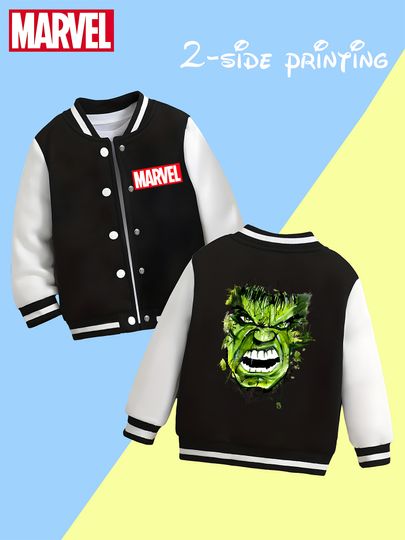 Marvel Boys' Baseball Jacket - Incredible Hulk Print, Double-Sided Pattern, Comfortable Fabric, Black and White, Fashiona