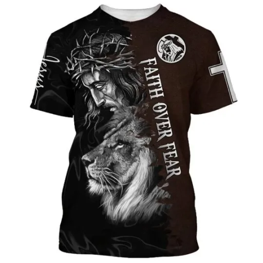 Discover Jesus And The Lion Of Judah Christian AOP Shirt 3D T-Shirt Full Size S-5XL
