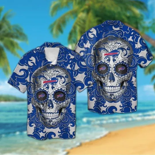 Discover Buffalo Football Sugarskull Short Sleeve Button Up Tropical Hawaiian Shirt