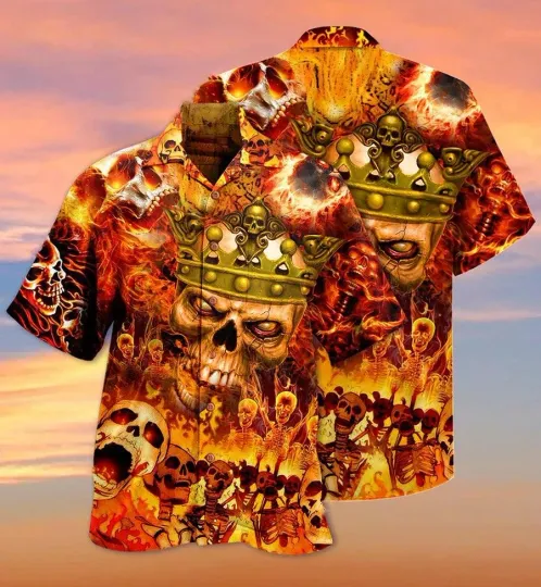 Discover Skull Aloha Hawaiian Shirt For Summer   Skull King On Fire Hawaiian Shirt   Perf