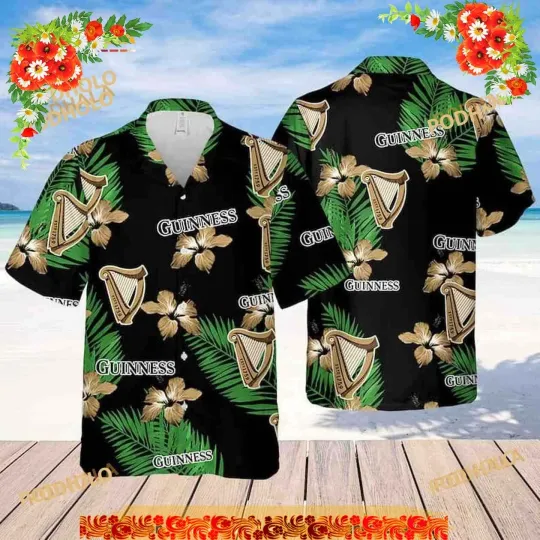 Discover Guinness Hawaiian Shirt, Hibiscus Flower Palm Leaf Gift For Beach Trip Aloha Shi