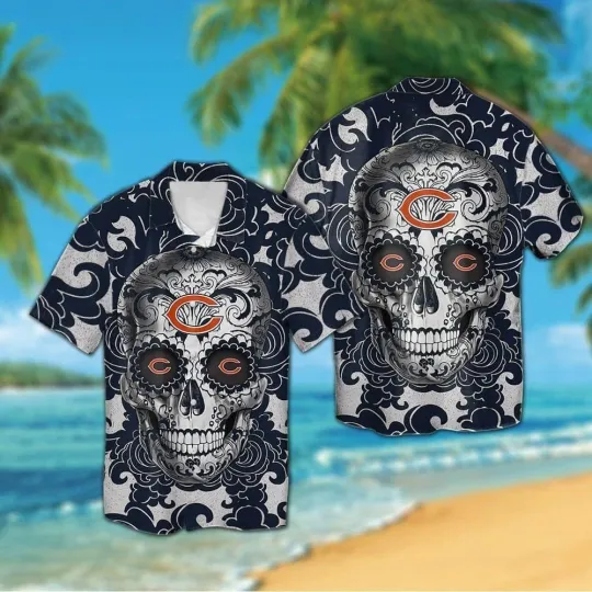 Discover Chicago Football Sugarskull Short Sleeve Button Up Tropical Hawaiian Shirt