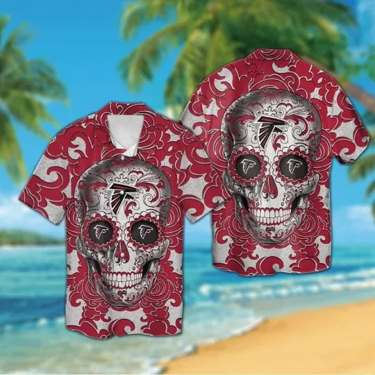 Discover Atlanta Football Sugarskull Short Sleeve Button Up Tropical Hawaiian Shir