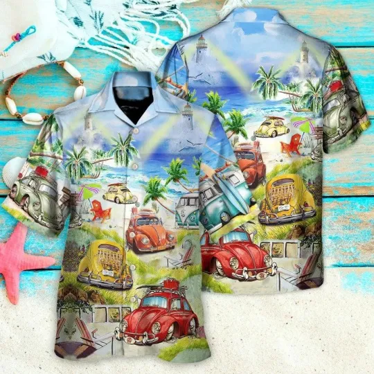 Camping Hawaiian Shirt Blue Beach Ladybug Car Camping Life Beach Aloha Shirt For