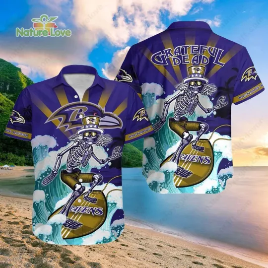 Discover Baltimore Football Skeleton Grateful Dead Surfing Ravens Hawaiian Shirt