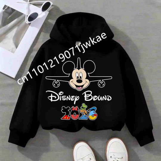 Disney Mickey Minnie Cute Fun 2026 Joy Trip Print Kids Hoodie 2-12 Year Boys Girls Autumn Winter Warm Clothes Children Pullover
