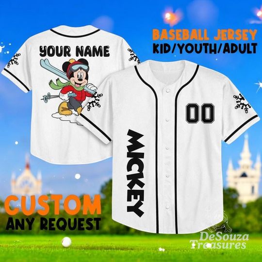 Discover Custom Mickey Snow Baseball Jersey, Personalized Disney Holiday Shirt