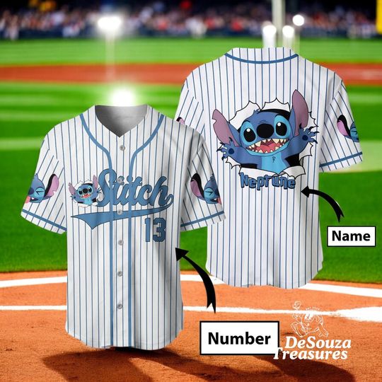 Discover Stitch Pinstripe Baseball Jersey, Custom Name & Number Stitch Shirt, Personalized Disney Jersey