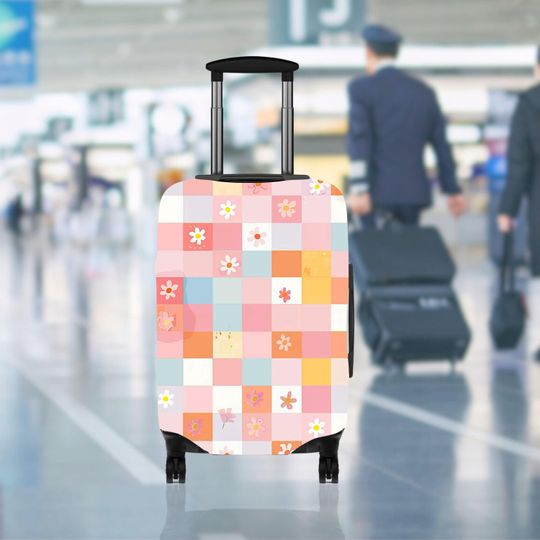 Discover Colorful Floral Grid Luggage Cover, Travel Suitcase Cover&nbsp;Protector Skins, Custom Photo Print Available Fits for 18-32 Inch Trip Luggage
