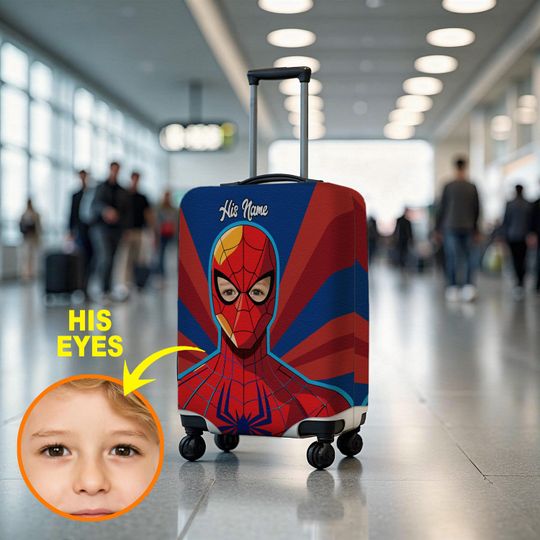 Discover Personalized Superhero Luggage Cover for Kids, Custom Suitcase Protector with Photo Eyes, Travel Accessory for Boys