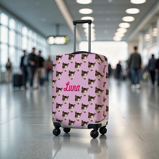 Discover Personalized Cat Image Luggage Cover, Custom Pet Suitcase Cover with Name, Cute Cat Travel Accessory for Pet Lovers