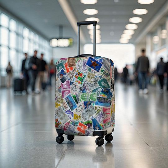 Discover Vintage Stamp Luggage Cover, Travel Suitcase Protector, Travel Accessory, Gift for Traveller