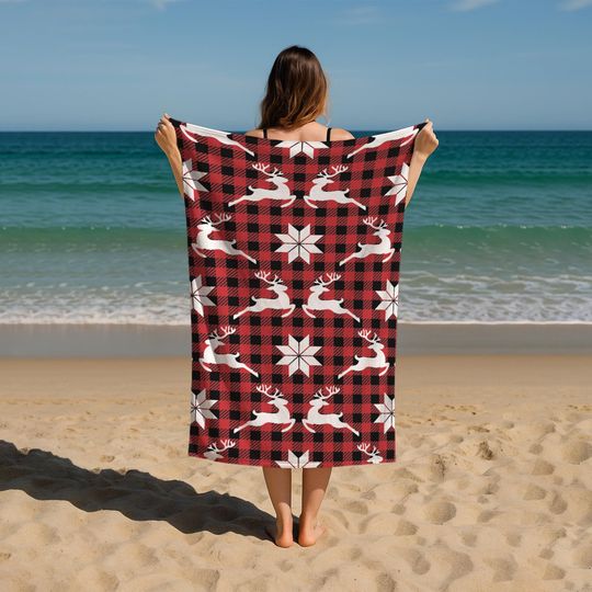 Discover Holiday Beach Bath Towel with Winter Festive Design, Soft Washable Absorbent Red Plaid Reindeer Christmas Towel