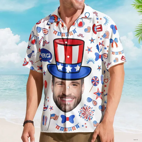 Discover Custom Face Happy 4th of July Hawaiian Shirt for Independence Day Unisex