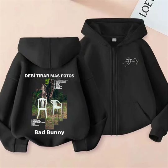 Rapper Bad Bunny Debi Tirar Mas Fotos DTMF Album Graphic Zipper Hoodie Men Women Hip Hop Fashion Oversized Zip Up Jacket Coat