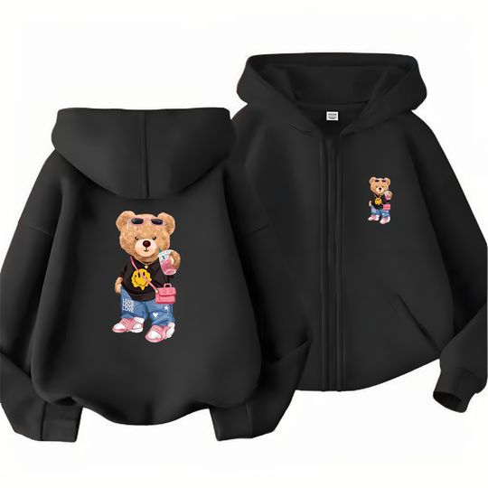 Zipper style Fashion Bear Children's Hoodies child 3-12 year Tops Boy Girls Coat Casual Toddle Sweatshirr black Pink clothing