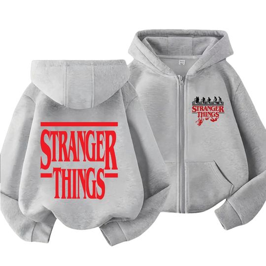 Stylish Stranger Things Print Zipper Hoodie for Family, Matching Parent-Child Long Sleeve Hooded Sweatshirt with Zipper Closure