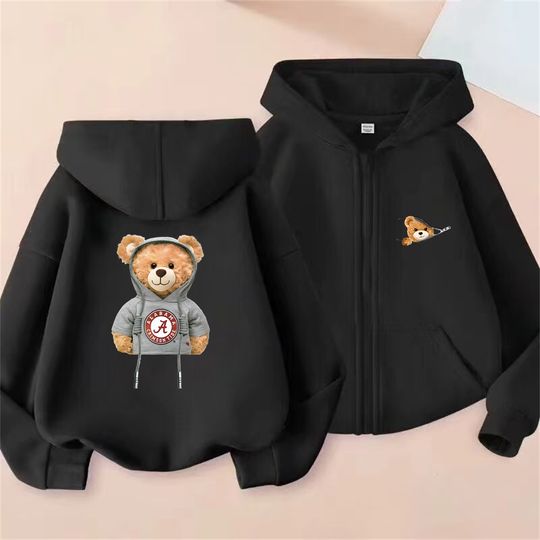 Discover Black Children's Zipper cardigan Hoodies boy tops Girls Purple little bear print Age 3-12 Children Coat loose clothing