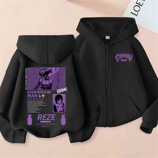 Discover Anime Chainsaw Zipper Hoodie Cartoon Reze Graphic Zip Up Jacket Men Women Manga Oversized Fleece Cotton Zip Up Sweatshirt