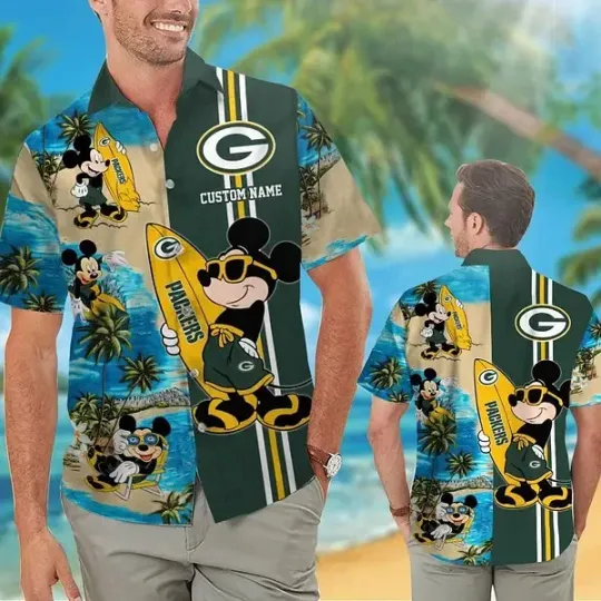 Green Bay Football Mickey Name Personalized Short Sleeve Tropical Hawaiian Shirt