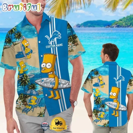 Discover Custom Name football Detroit Lions Bart Simpson Tropical Hawaiian Shirt