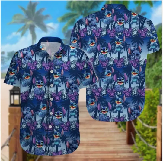 Discover Cute Stitch Tropical Palm Tree Hibiscus Flowers Aloha Summer Hawaiian Shirt