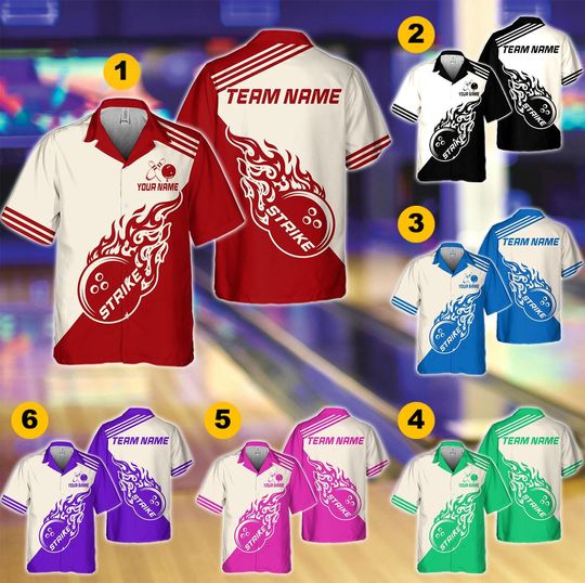 Discover Personalized Vintage Bowling Hawaiian Shirt for Men Women Youth, Custom Flaming Strike Bowling Hawaiian Shirt, Retro Bowling Party Shirt