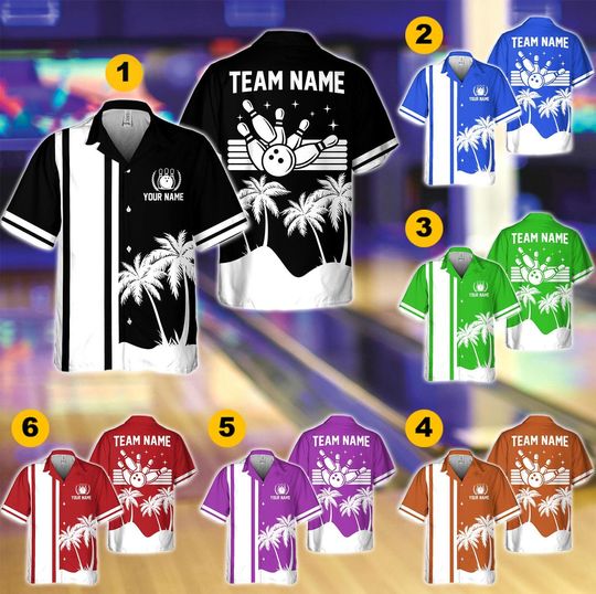 Discover Personalized Tropical Bowling Hawaiian Shirt, Custom Name Bowling Player Summer Button Up Shirt, Palm Tree Bowling Shirt, Bowling Team Gifts