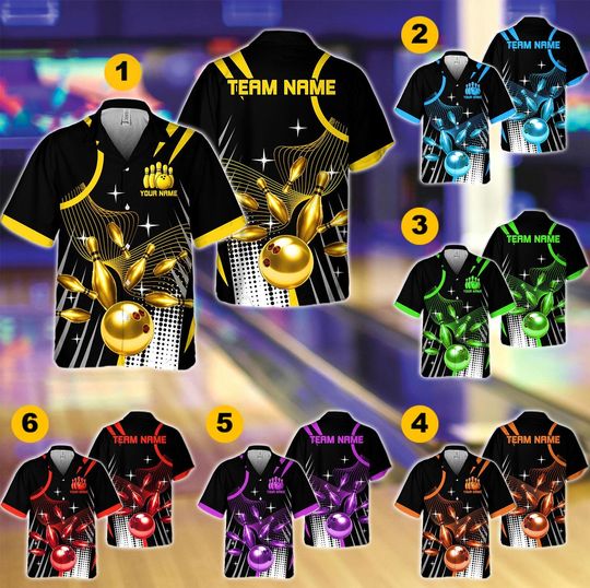 Personalized Name Starburst Dot Pattern Bowling Hawaiian Shirt, Custom Color Bowling Button Up Shirt, Matching Bowling Team Shirt For Bowler