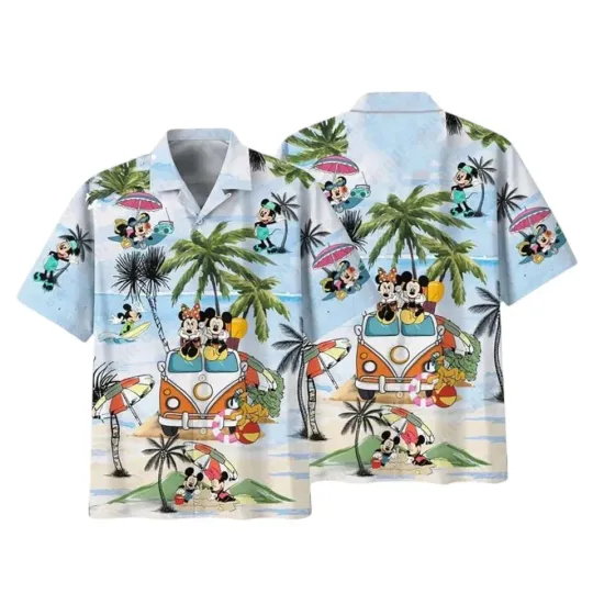 Disney Mickey Minnie Mouse Bus Palm Tree Aloha Hawaiian Shirt