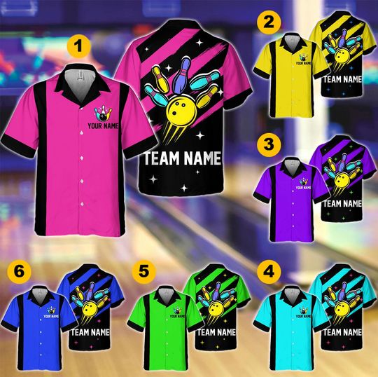Discover Personalized Neon Bowling Hawaiian Shirt for Men Women Kid Youth, Custom Name Bowling Shirt, Bowling Hawaiian Shirt, Bowling Party Shirt