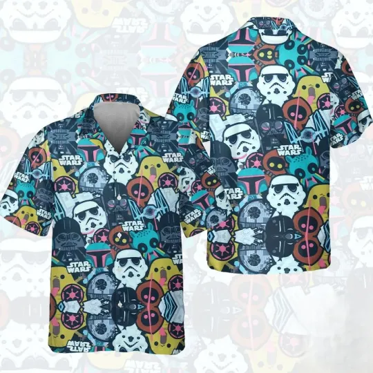 Discover Disney Star Wars Chibi Characters Collage Blue Hawaiian Shirt