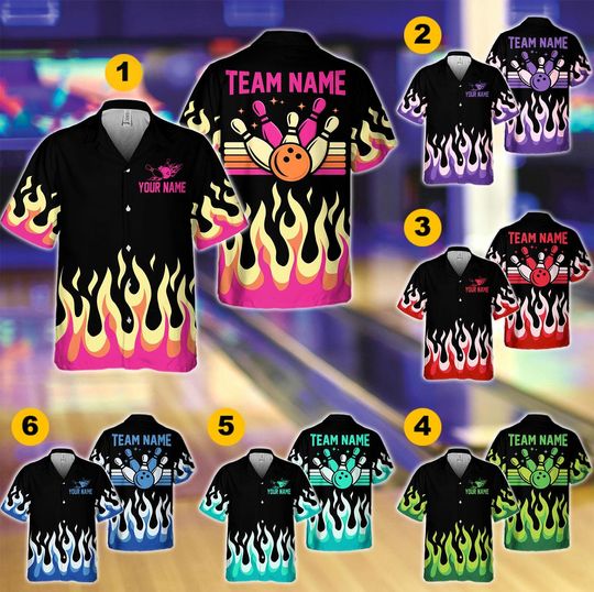 Discover Custom Name Flame Bowling Hawaiian Shirt, Personalized Bowler Button Up Shirt, Matching Retro Bowling Team, Fire Bowling Lover Shirt