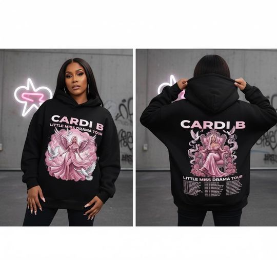 Cardi B Little Miss Drama Tour 2026 Double Sided Hoodie, Concert Merch, Hip Hop Rapper Tour Fan Gift, Unisex Rock Band Graphic Hoodie