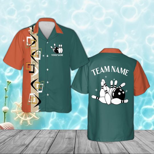 Custom Retro Bowling Shirt Personalized Name Team, Mid Century Modern Boomerang Hawaiian Shirt, 1950s Atomic Vintage Bowler Gift League Top