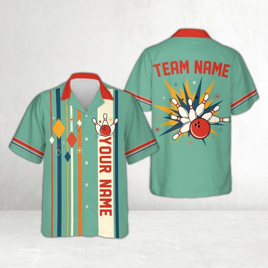 Discover Retro Atomic Bowling Hawaiian Shirt, Personalized Bowler Button Shirt, Custom Name Bowling Squad, Gutter Gang Gift