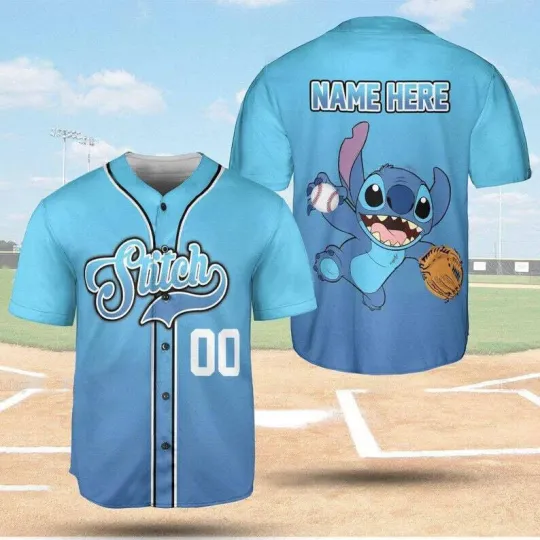 Discover Personalized Stitch Playing Baseball Blue Theme 3D BASEBALL JERSEY SHIRT US Size