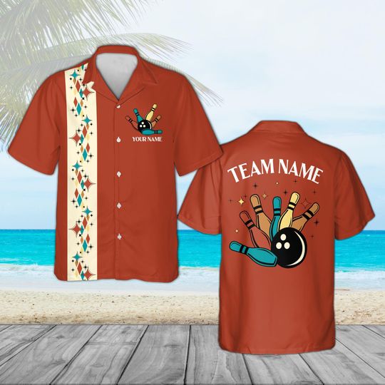 Customized Retro Bowling Hawaiian Shirt, Atomic Teal Hawaiian Shirt, Mid Century Modern Starburst 50s Style, Bowler League Gift Men Idea