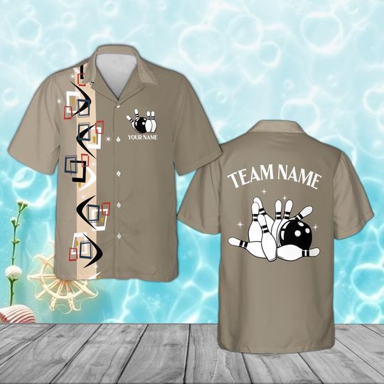 Custom Retro Bowling Shirt Personalized Name Team, Mid Century Modern Boomerang Hawaiian Shirt, 1950s Atomic Vintage Bowler Gift League Top