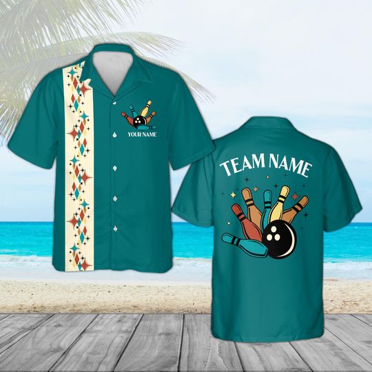 Customized Retro Bowling Hawaiian Shirt, Atomic Teal Hawaiian Shirt, Mid Century Modern Starburst 50s Style, Bowler League Gift Men Idea