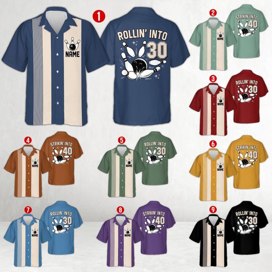 Discover Custom Name Rolling Into Birthday Hawaiian Shirt, Personalized Bowling Themed Button Shirt, Retro Bowling Birthday Gift