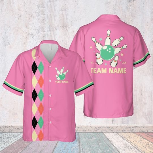 Discover Retro Bowling Hawaiian Shirt, Custom Name Year Bowling Lover, Personalized Bowler Button Shirt, Bowling Squad Gift