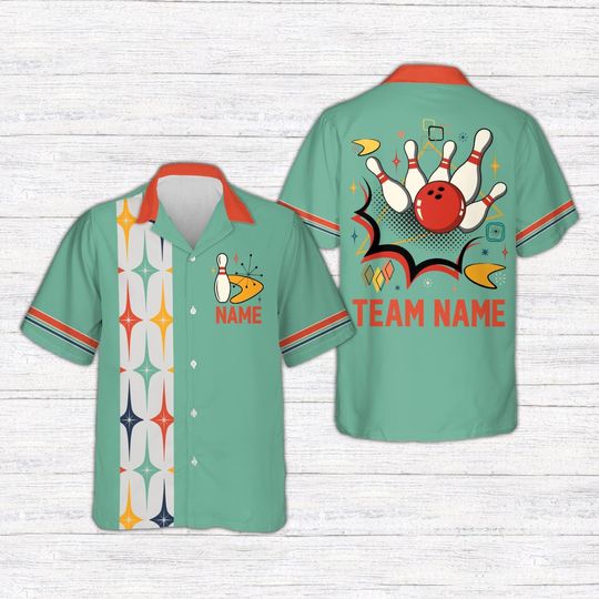 Custom Name Starburst Bowling Lover, Retro Bowling Hawaiian Shirt, Personalized Bowler Button Shirt, Atomic Gutter Gang Gift