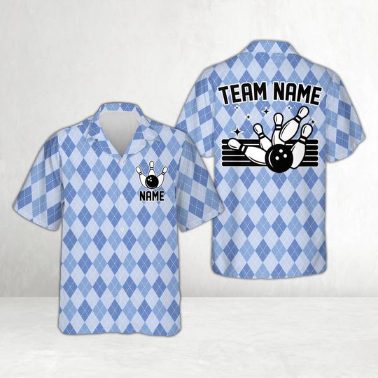 Retro Bowling Hawaiian Shirt, Personalized Bowler Button Shirt, Argyle Bowling Squad, Custom Name Bowling Gutter Gang Gift