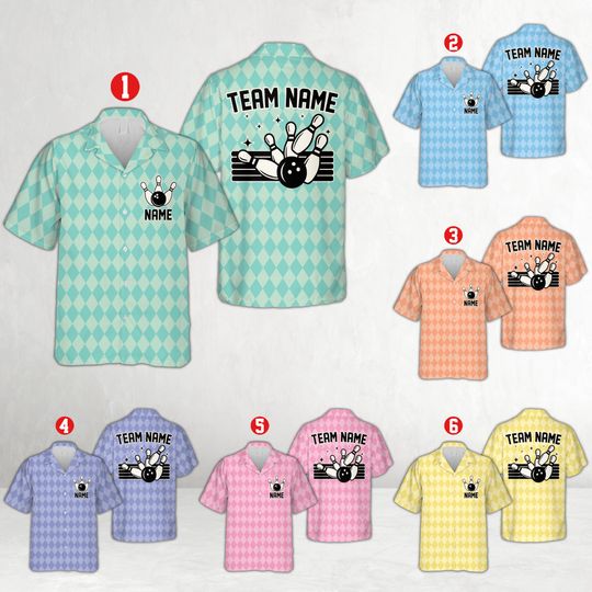 Discover Retro Bowling Hawaiian Shirt, Personalized Bowler Button Shirt, Argyle Bowling Squad, Custom Name Bowling Shirt, Pastel Gutter Gang Gift